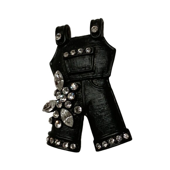 Black Overalls Brooch Pin Metal Crystal Clear Rhinestones Bling Fashion RARE - Picture 2 of 6